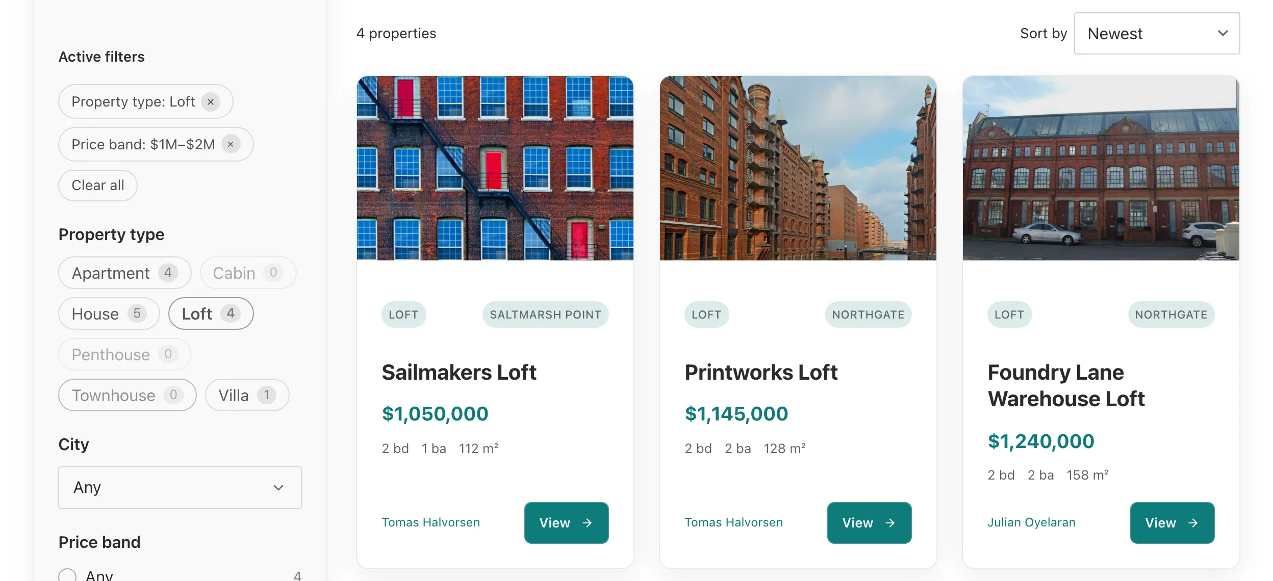 The Find a Property page shows the left Loop Filter sidebar with Loft and $1M–$2M active and the toolbar and matching property cards on the right.