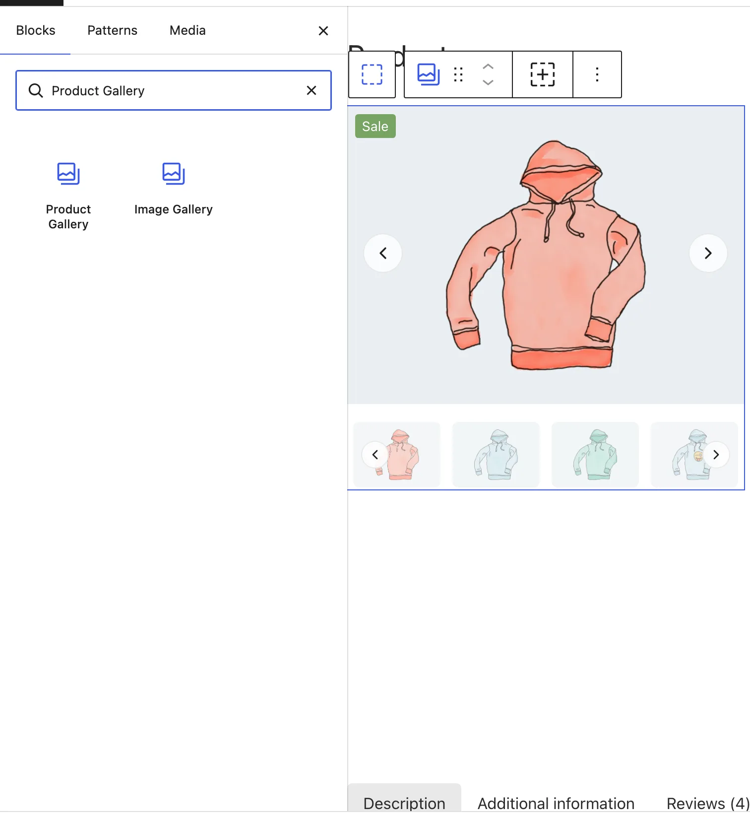 The Block Inserter shows Product Gallery under Blocksify WooCommerce beside the Hoodie gallery in the Dynamic Template editor.