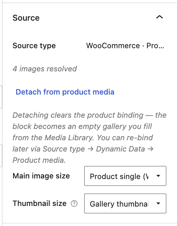 The Source panel shows WooCommerce Product media, four resolved images, and the WooCommerce main and thumbnail image sizes.
