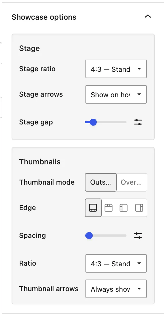 The Showcase options panel shows the Stage and Thumbnails groups with Thumbnail mode, Edge, Spacing, and Ratio controls.