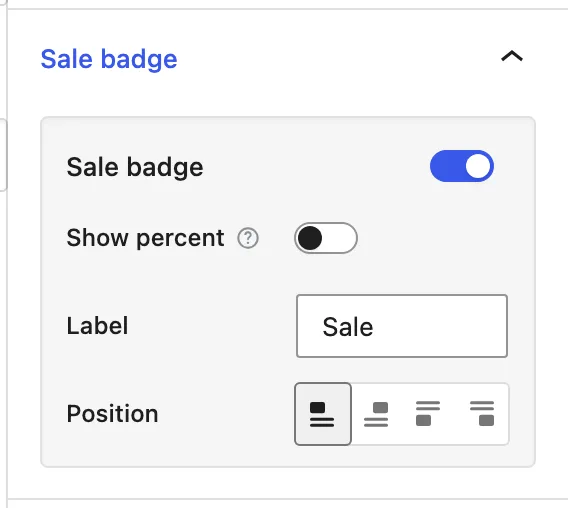 The Sale badge panel shows the badge enabled, the Label set to Sale, and the top-left corner selected for Position.