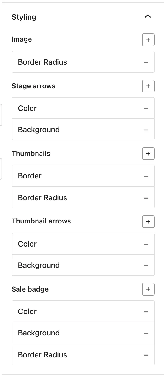 The Styling panel shows the Image, Thumbnails, and Sale badge rows available for the Showcase layout.