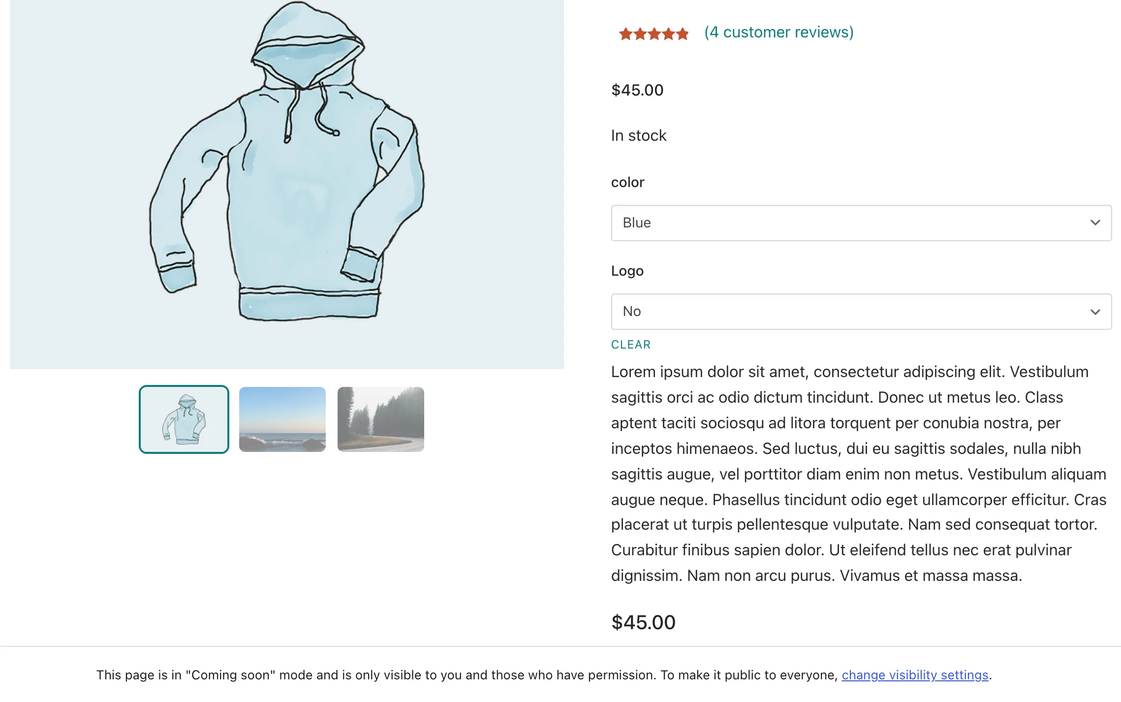 The Northstar Hoodie storefront shows the Blue Color selected with its matching main image and thumbnail set beside the purchase options.