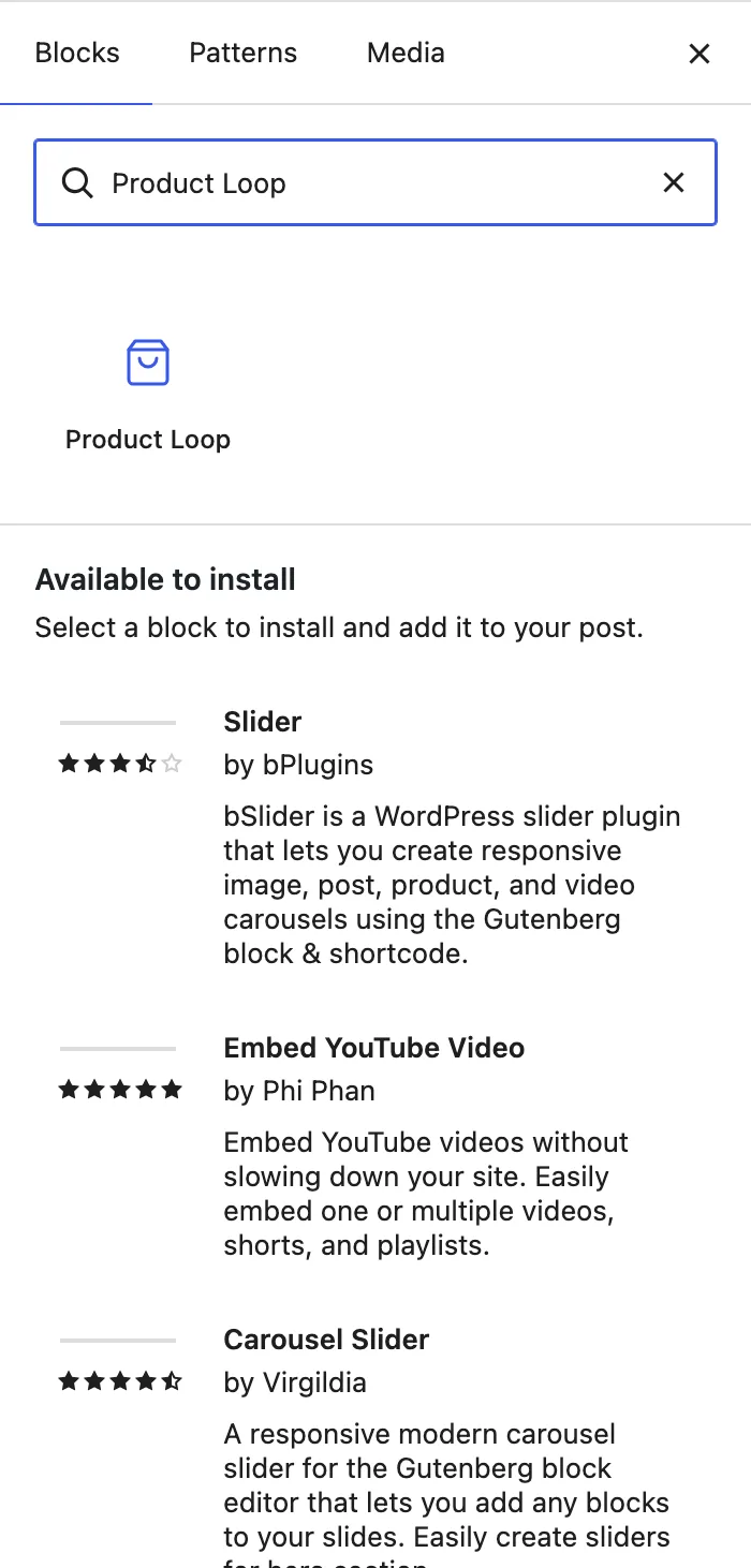 The block inserter shows the Product Loop variation under the Blocksify category.