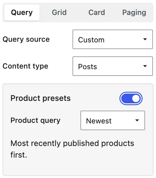 The Product Loop Query tab shows Product presets enabled and Product query set to Newest.