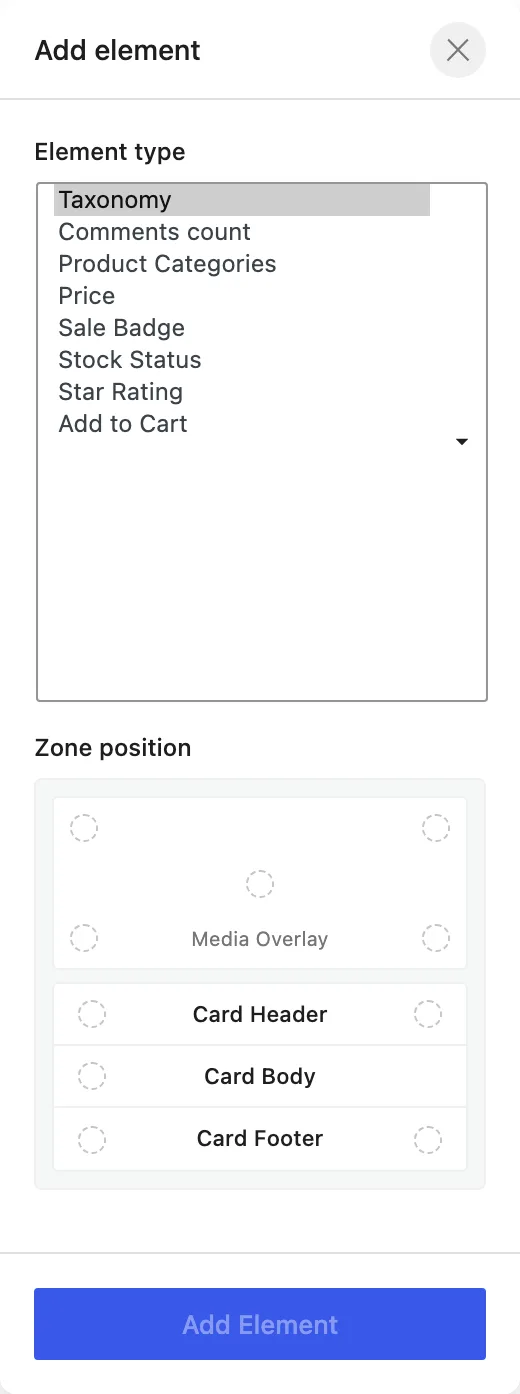 The Product Loop Element type select shows WooCommerce product elements for the card builder.