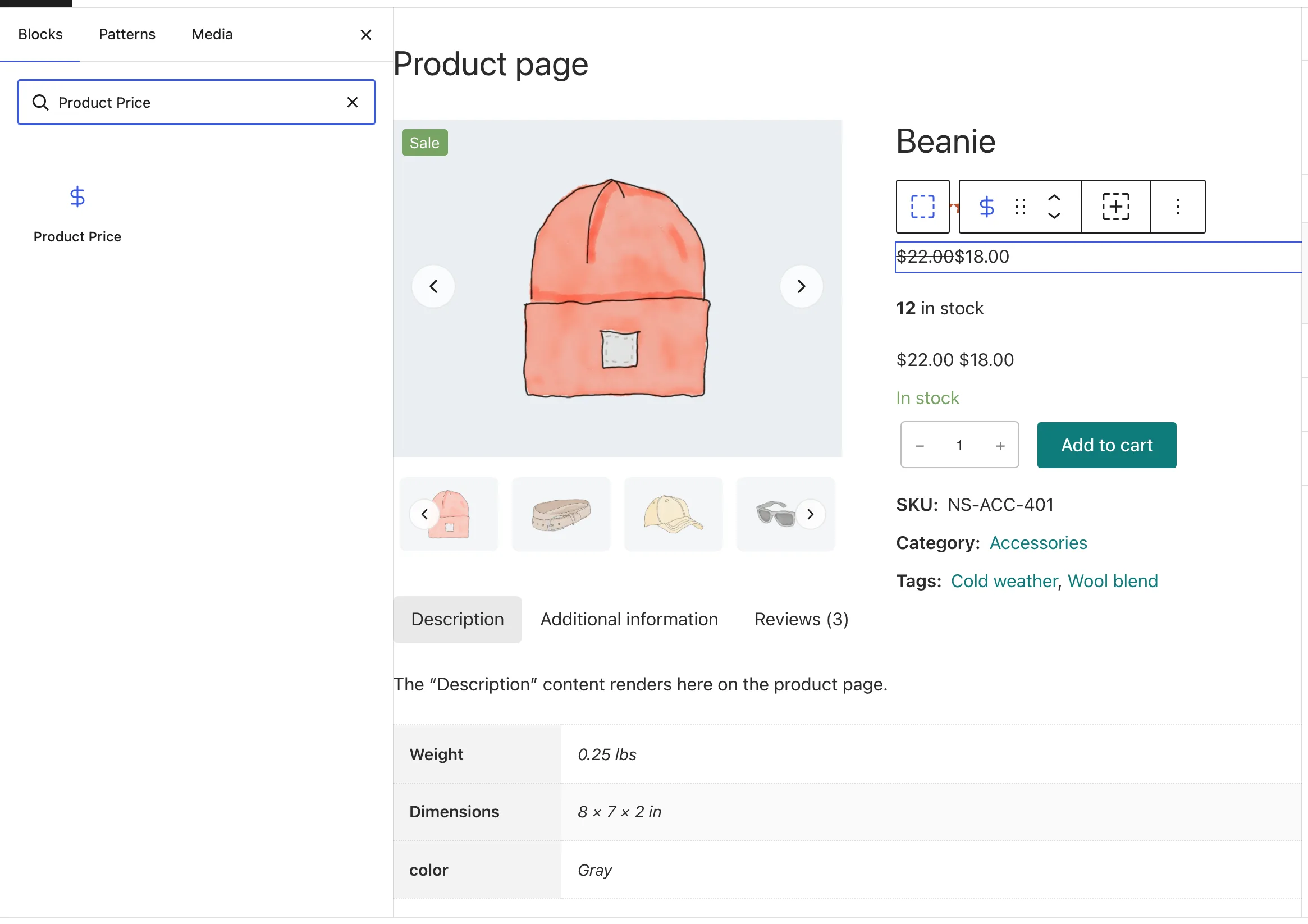 The Block Inserter shows Product Price under Blocksify WooCommerce beside the Beanie price in the Dynamic Template editor.