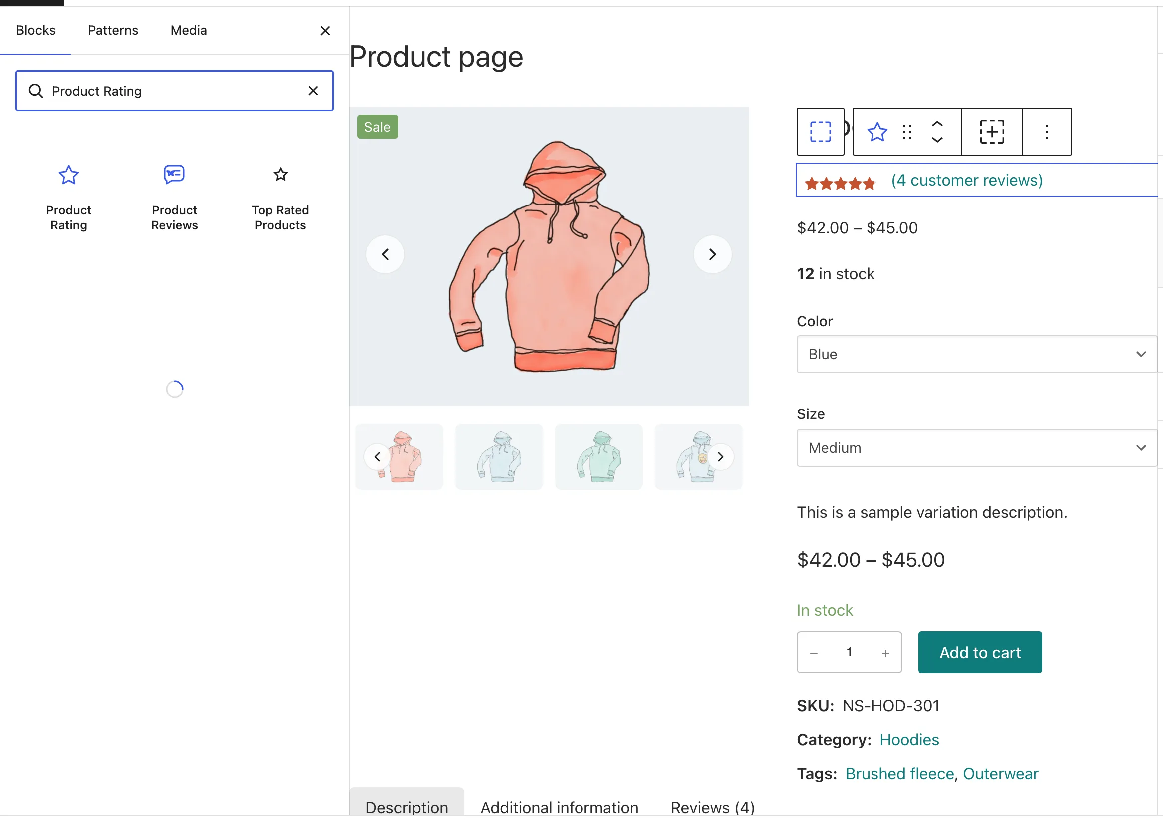 The Block Inserter shows Product Rating under Blocksify WooCommerce beside a reviewed product in the Dynamic Template editor.