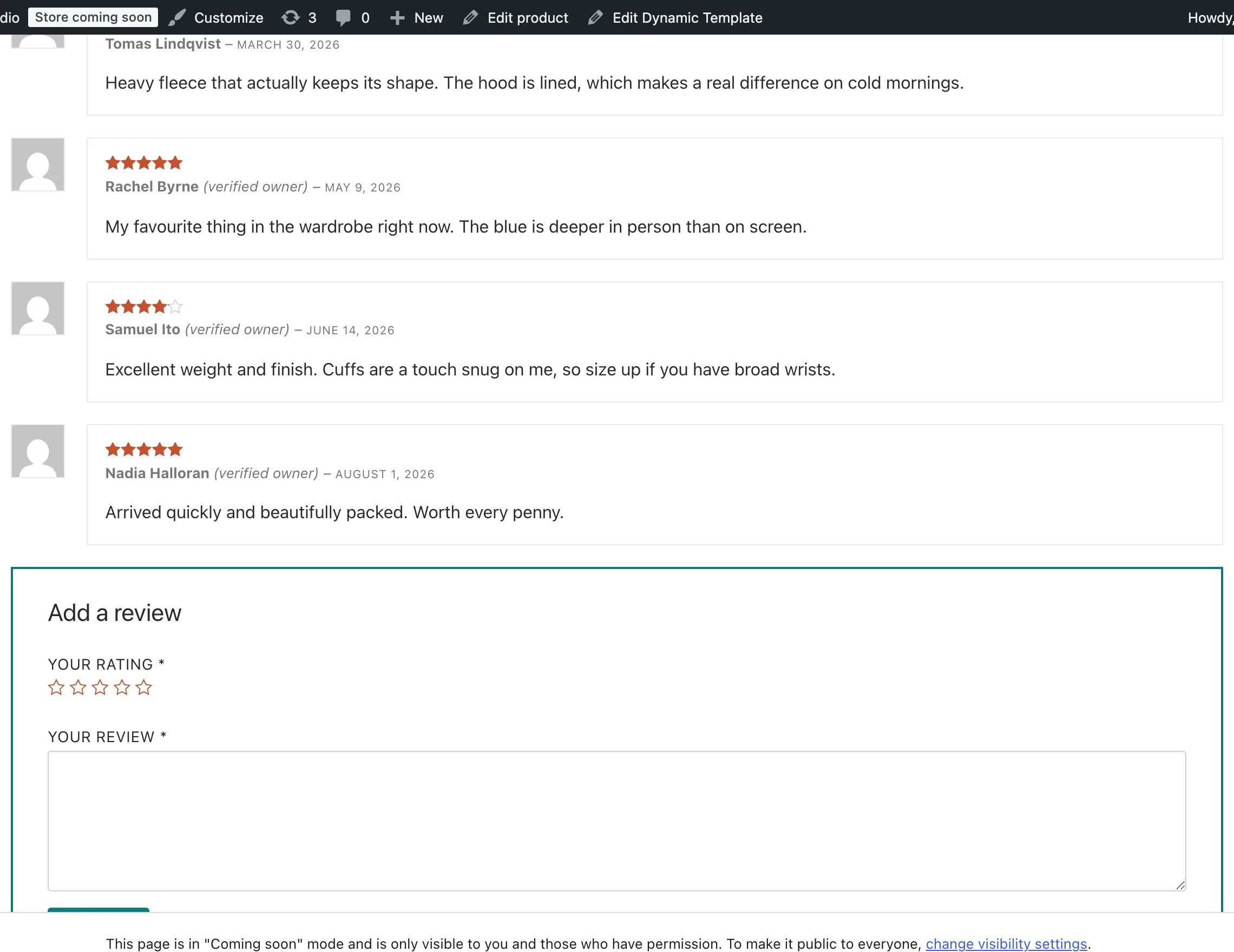 The storefront shows the Hoodie review list with star ratings, verified-owner details, comments, and the Add a review form.