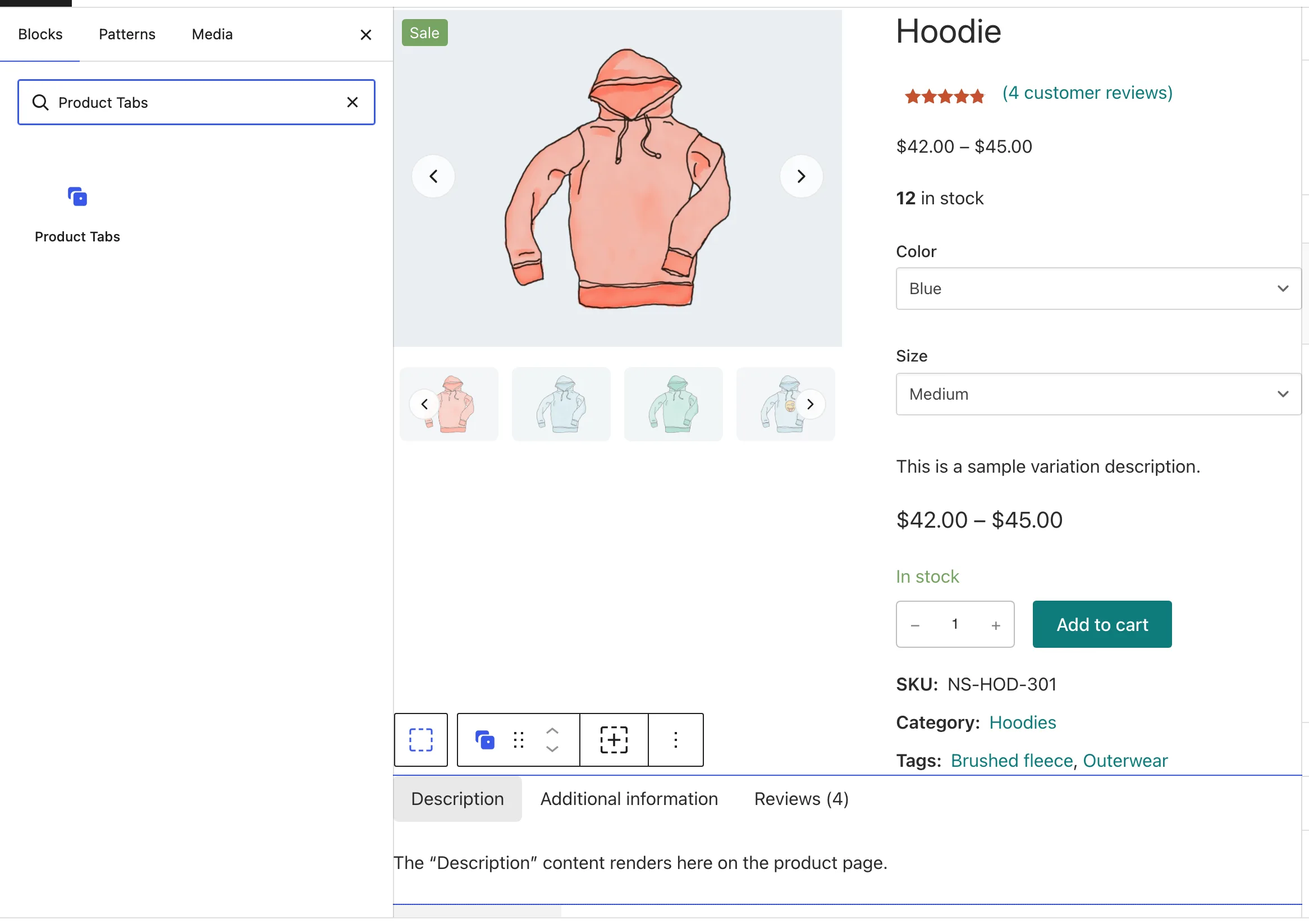 The Block Inserter shows Product Tabs under Blocksify WooCommerce beside the Hoodie tab strip in the Dynamic Template editor.