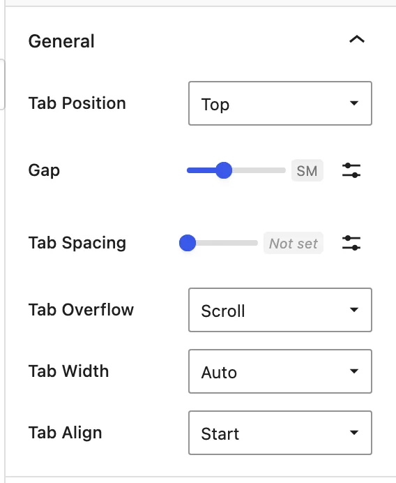The General panel shows Tab Position, Gap, Tab Spacing, Tab Overflow, Tab Width, and Tab Align controls.