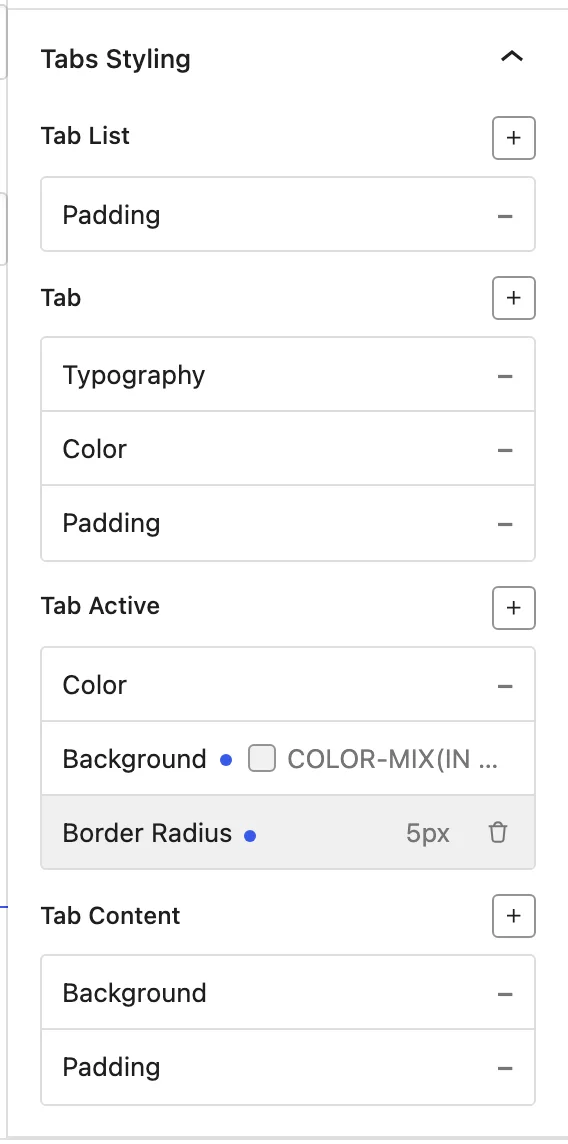 The Tabs Styling panel shows the Tab List, Tab, Tab Active, and Tab Content rows beside the Hoodie tabs.