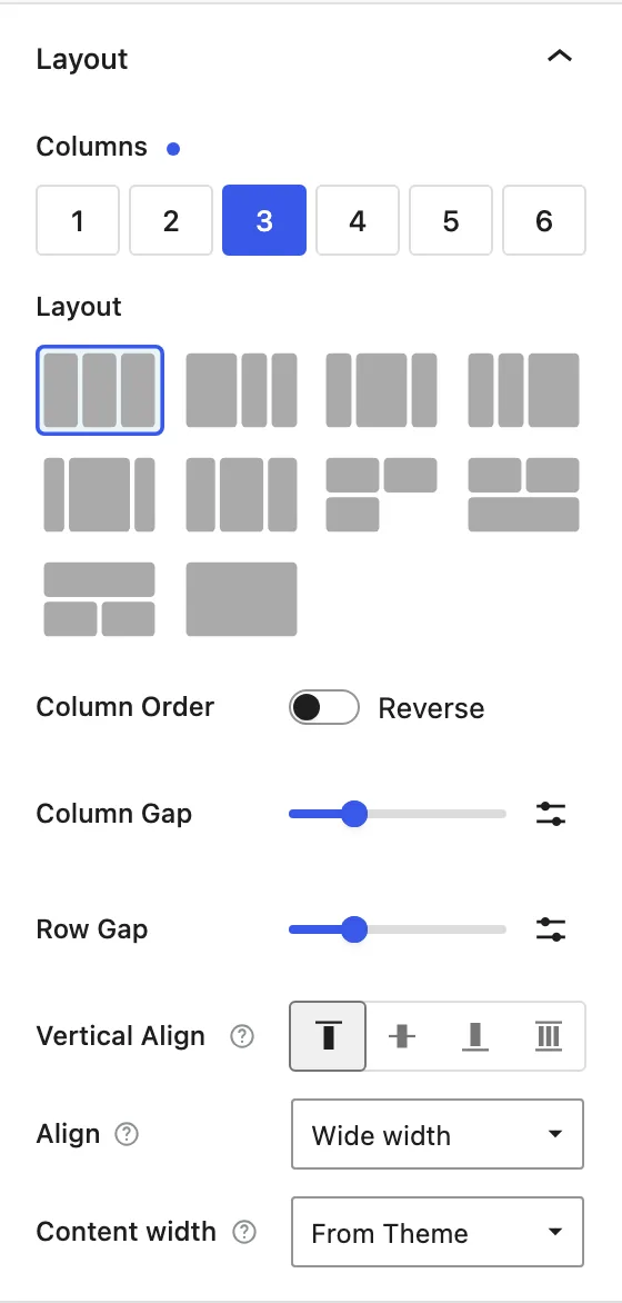 The Section Layout panel shows three columns, layout presets, Reverse, gap controls, vertical alignment, Wide width alignment, and From Theme content width.
