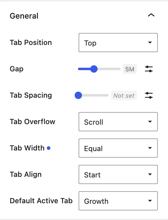 The Tabs parent General panel shows tab position, overflow, width, alignment, gap, and default active tab controls.