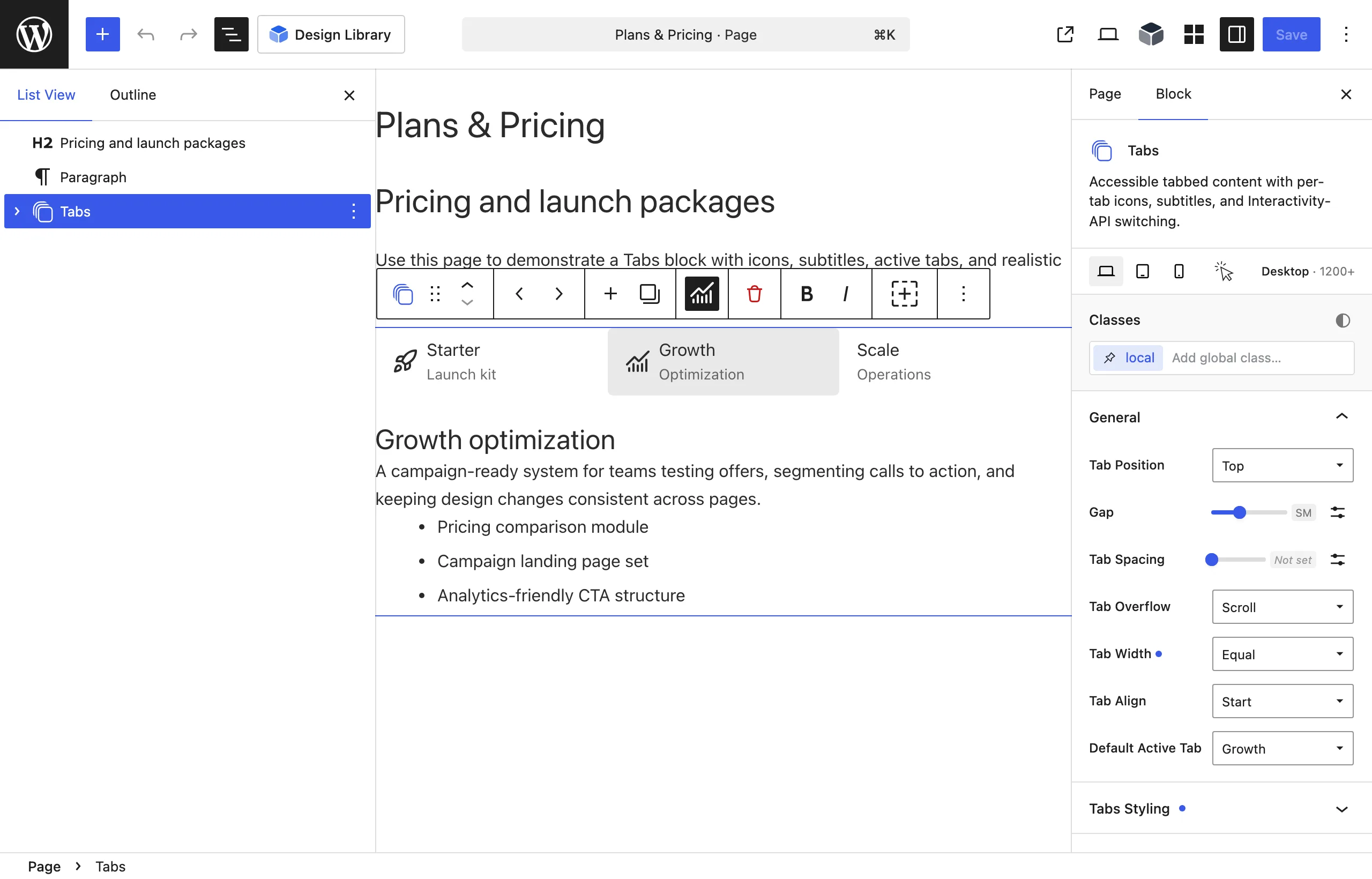 List View shows a Tabs parent with three Tab children while the active panel appears on the editor canvas.