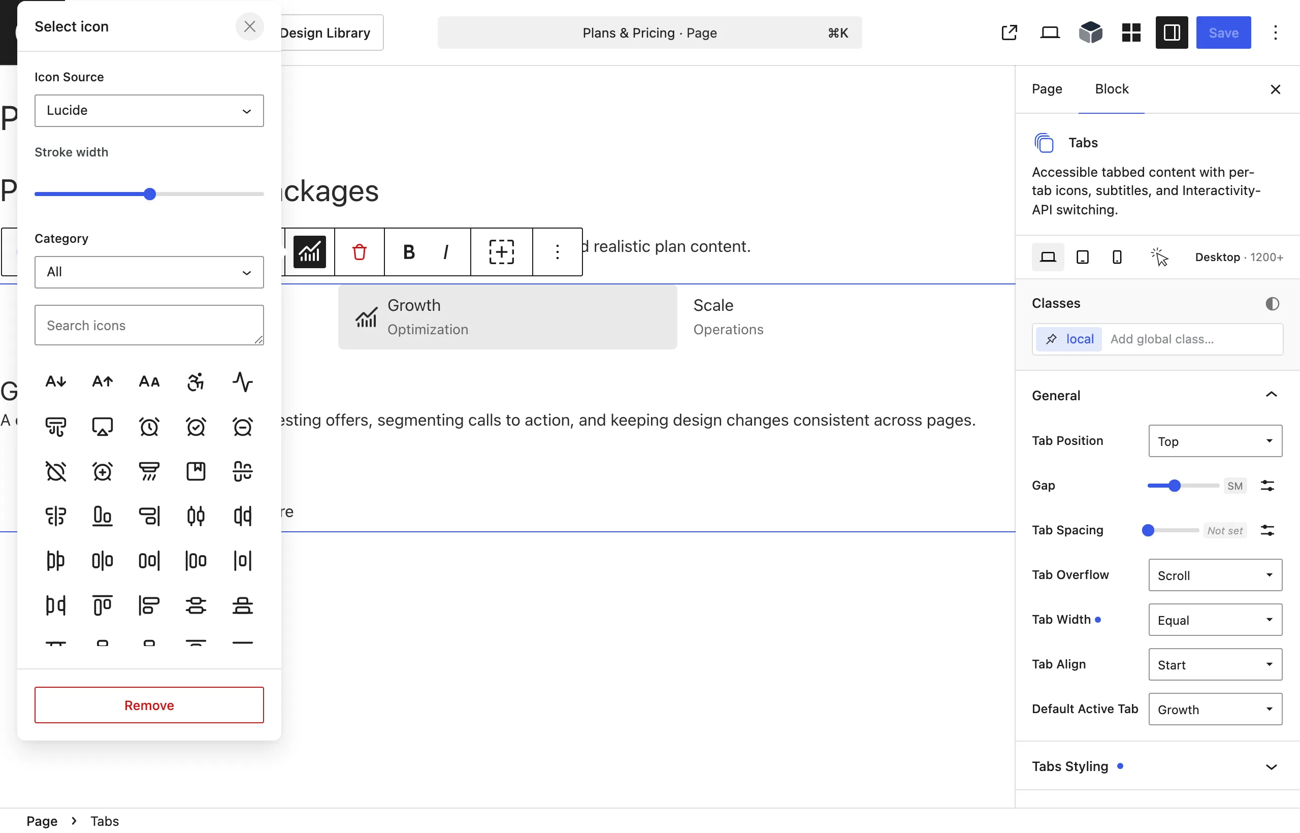The Tabs toolbar icon picker is open while the active tab shows a label, subtitle, and icon in the tablist.
