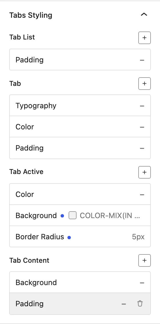 The Tabs Styling panel shows sections for Tab List, Tab, Tab Active, and Tab Content styling.