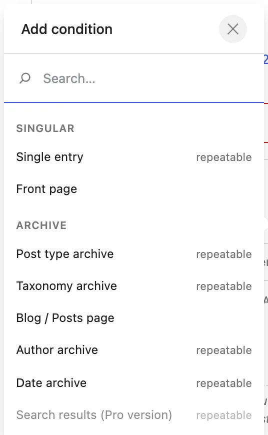 The Add condition popover lists Post type archive, Taxonomy archive, Blog / Posts page, Author archive, Date archive, and the disabled Search results (Pro version) under the Archive heading.