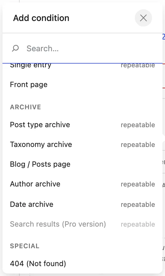 The Add condition popover lists 404 (Not found) as the only choice under the Special heading.