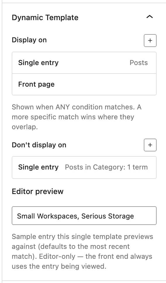 The Dynamic Template document tab shows two Display on rules and one Don't display on exception, with Editor preview set to Small Workspaces, Serious Storage.
