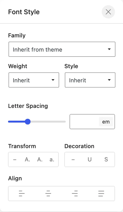 The Text block Typography panel shows the Typography popover open with font and text controls.