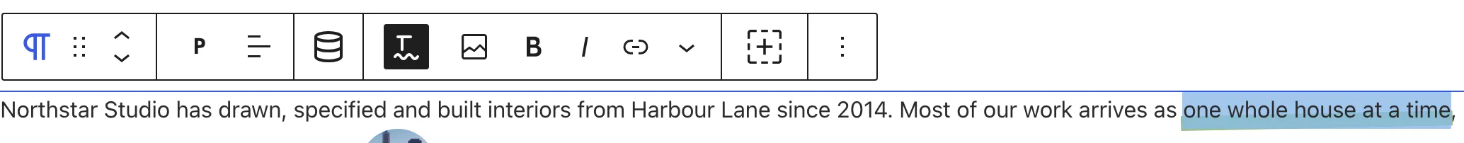 The Text block toolbar shows the active Text Highlight button and the Inline Image button above a selected highlighted phrase.