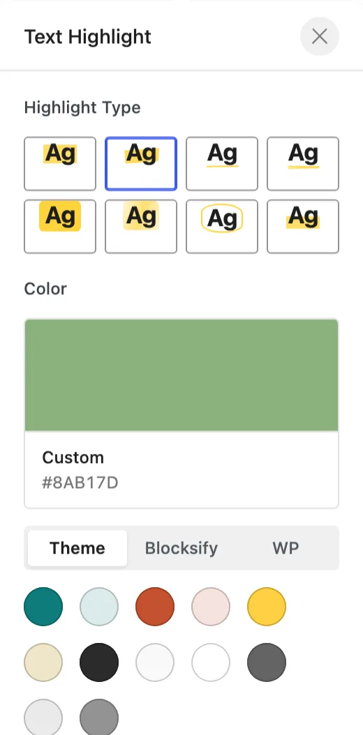 The Text Highlight popover shows eight Highlight Type previews and the Color controls with a custom green selected.