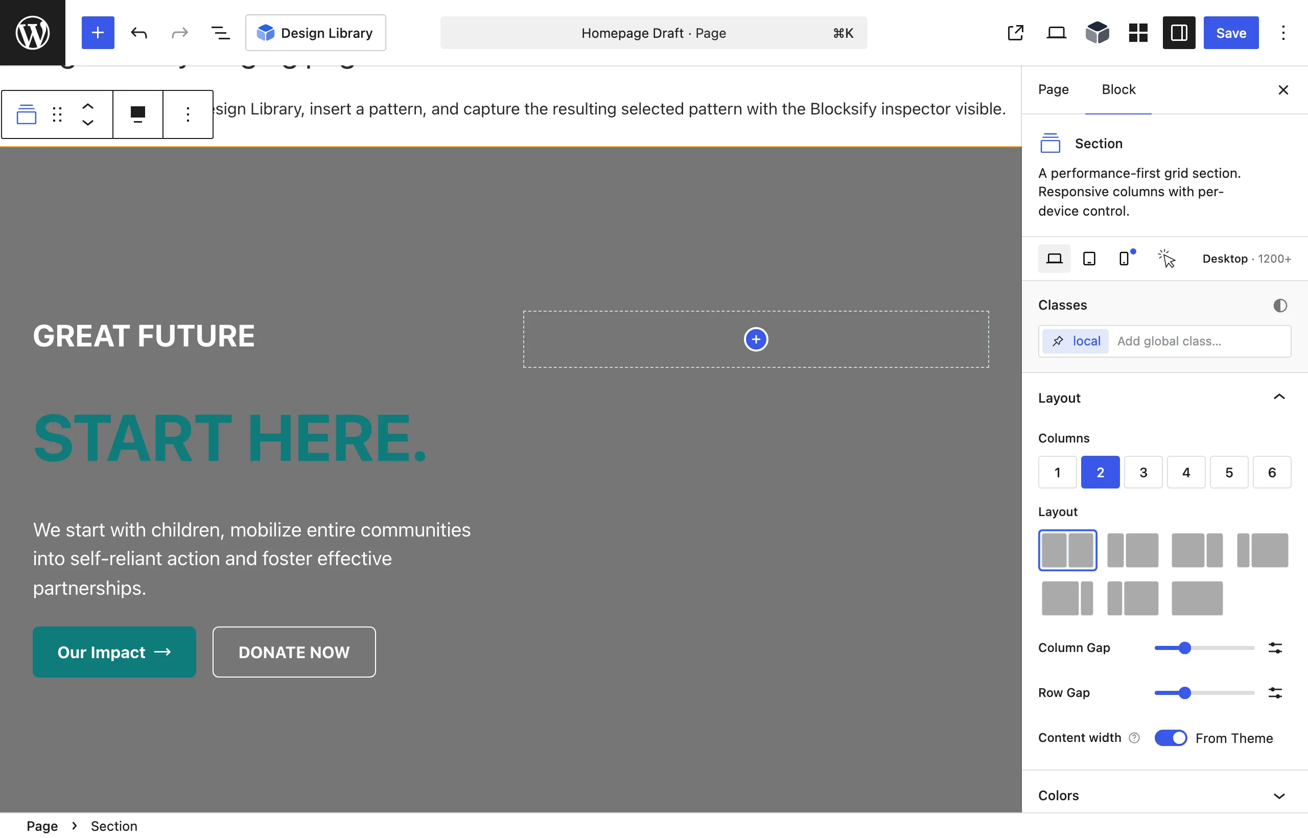 The editor shows the selected Design Library pattern inserted at the current selection after the modal closes.
