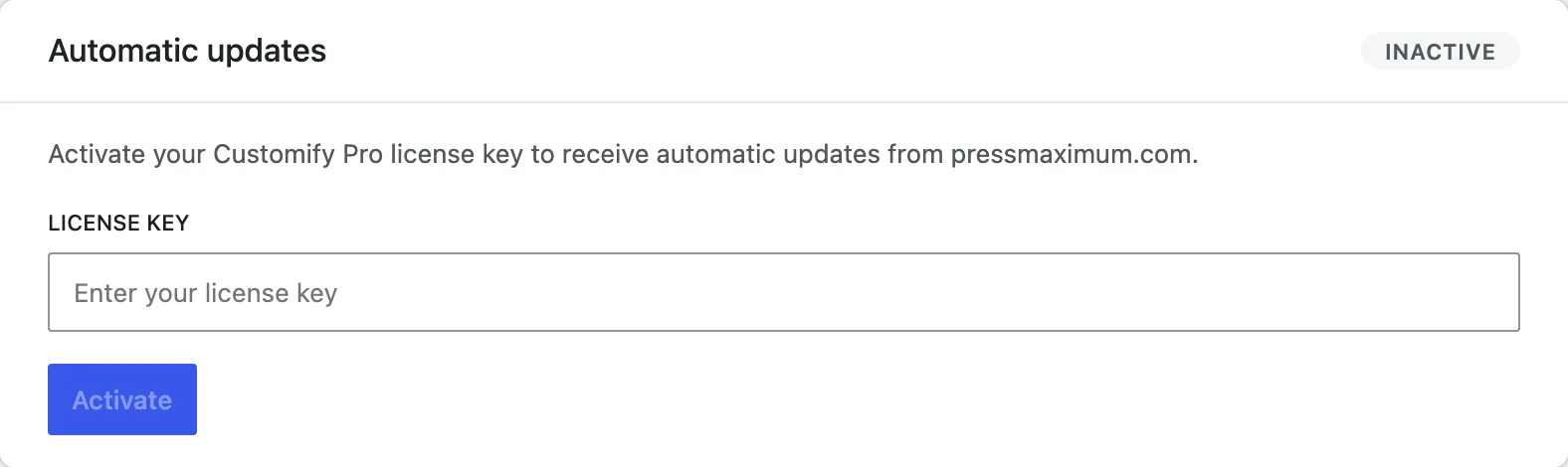 The Customify Pro license panel shows an empty demo license key field with Activate and Deactivate controls ready for use.