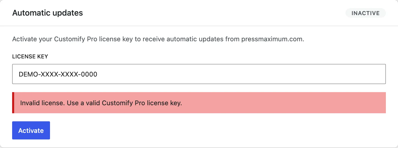 The Customify Pro license panel shows a masked demo license key and a generic activation error message with no customer data.