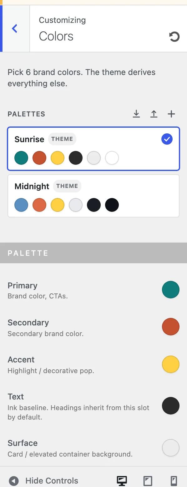 The Customizer sidebar shows the Colors section with six global palette slots and related color groups.