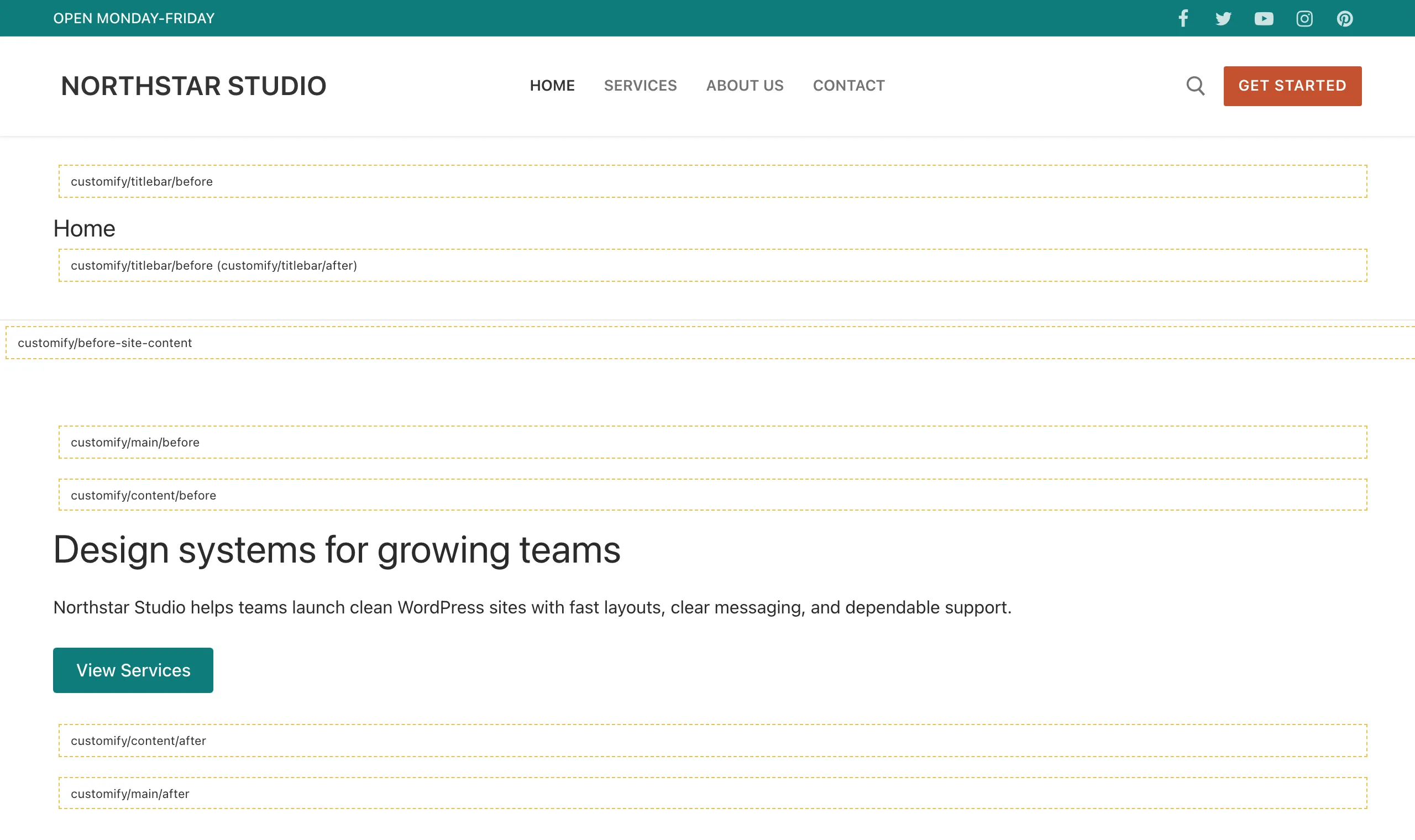 The front end page shows Customify hook position markers after the Show Hooks control is enabled.