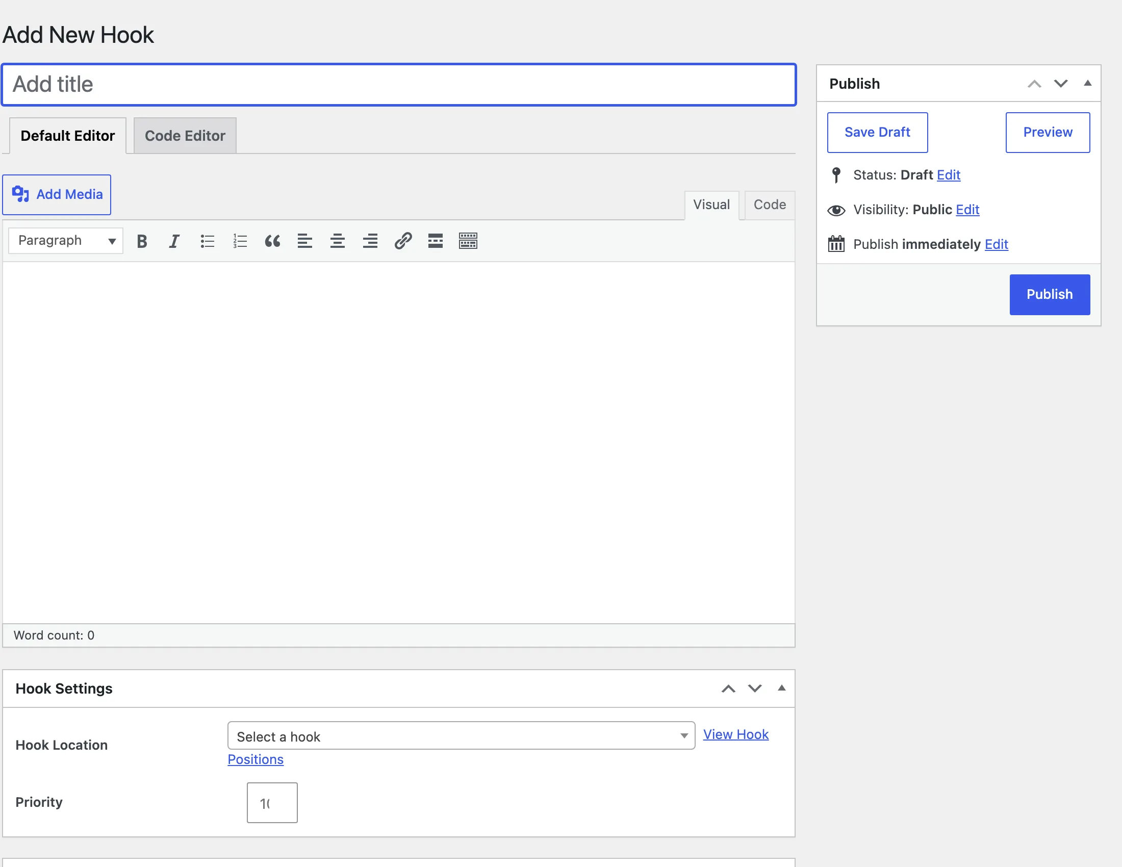 The Customify Hooks edit screen shows the hook title, editor mode, hook location, priority, conditionals, and user role controls.