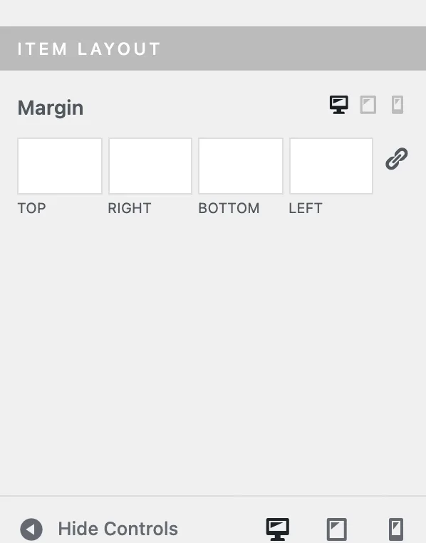 The Item Layout subsection shows margin, align, and merge controls inside a header item settings panel.
