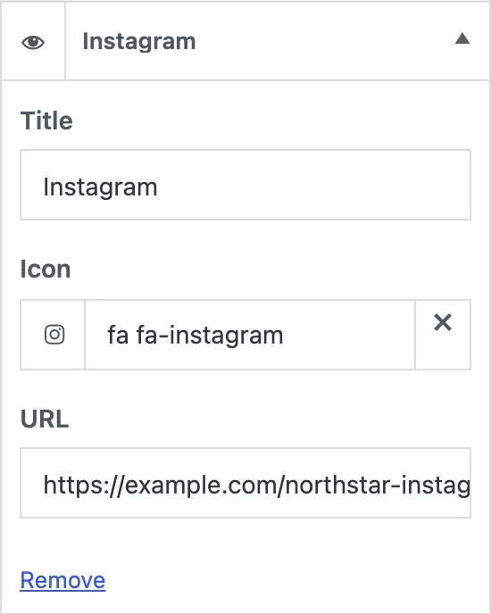 The Header Social Icons profile editor shows controls for adding and editing social profile links.