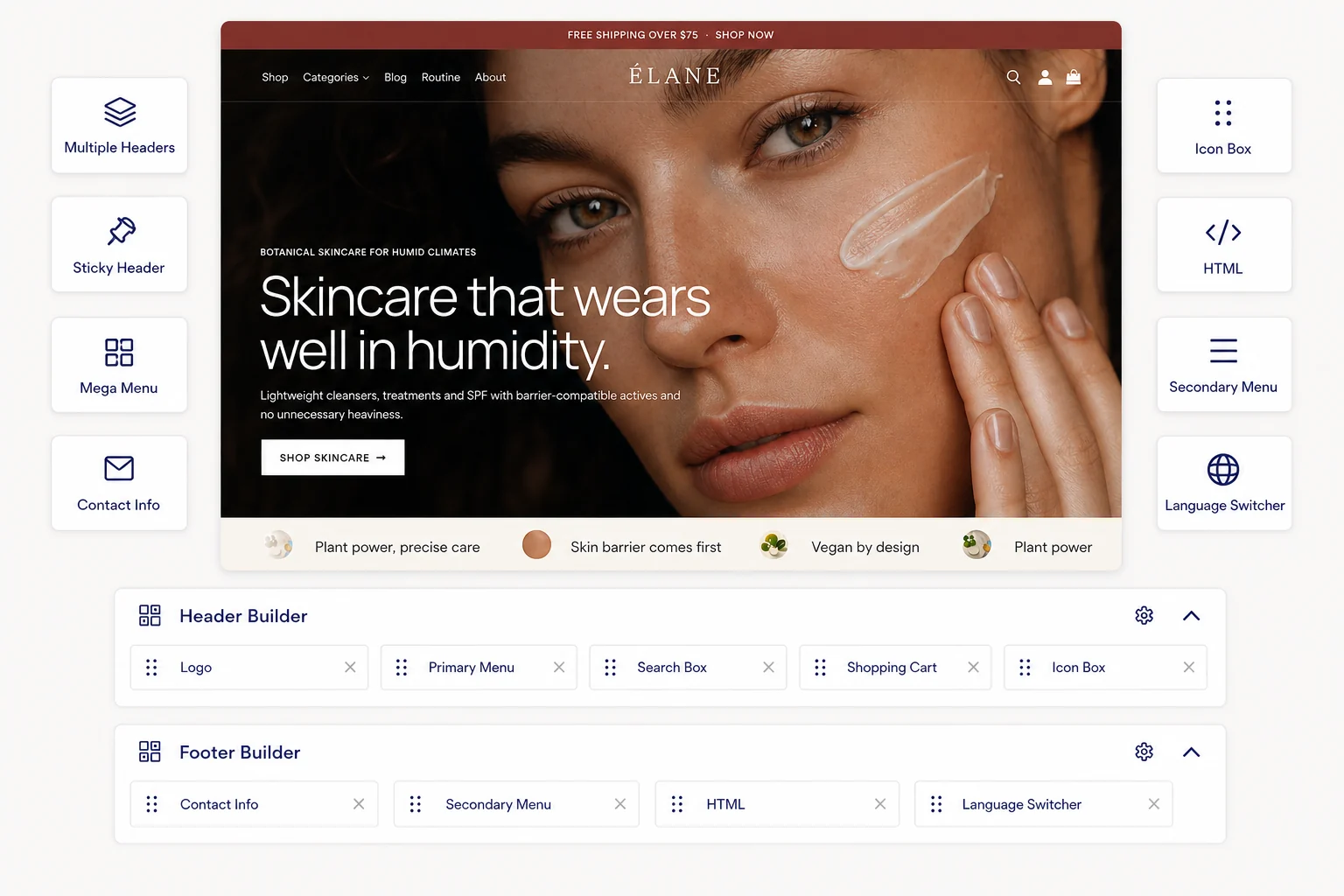 Customify Pro Header and Footer Builder with Pro elements around the ÉLANE starter site