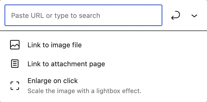 The WordPress Image block link popover shows the Enlarge on click toggle used to enable the image lightbox.