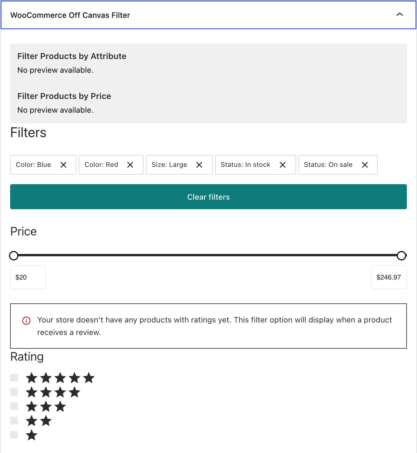 The Widgets screen shows the WooCommerce Off Canvas Filter widget area for adding product filter widgets.
