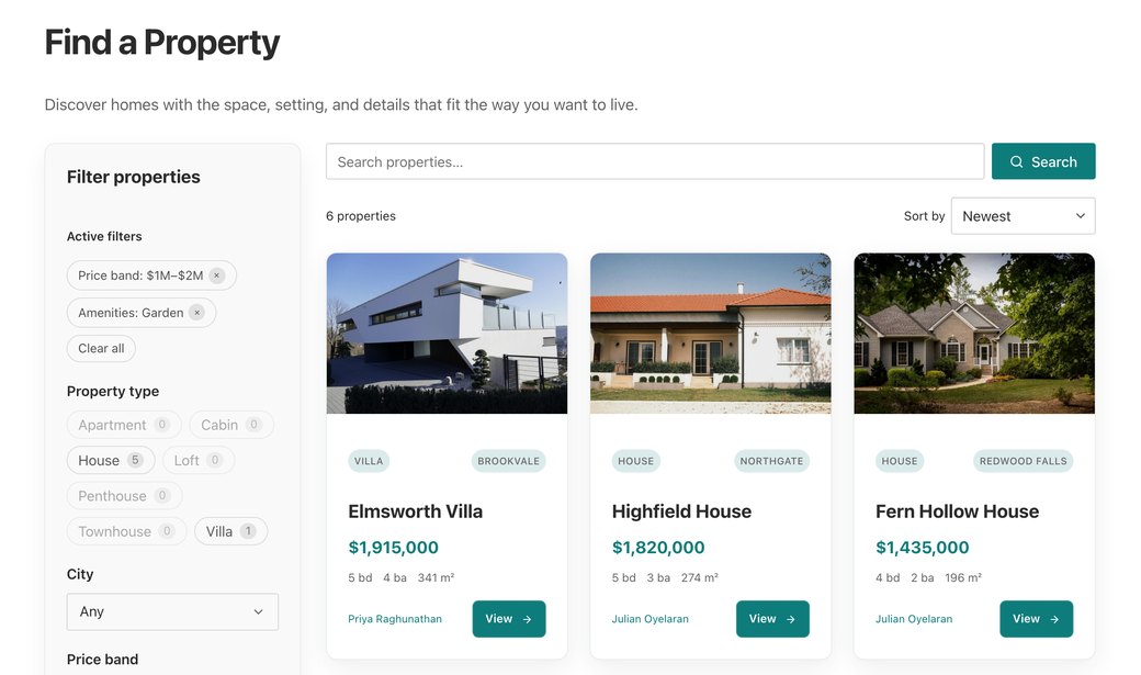 A property listing filtered by Blocksify Pro Loop Filter, showing active filter chips for price band and amenities, a live result count, and three matching property cards.