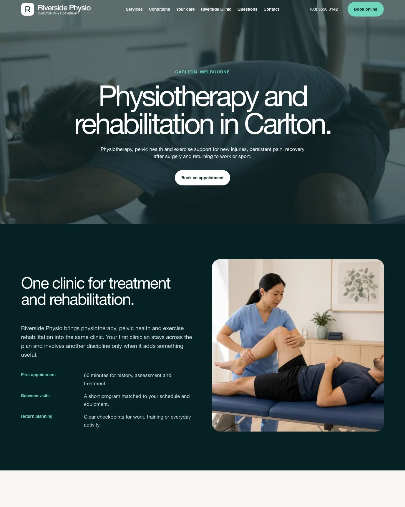 Riverside Physio clinic and booking starter site homepage