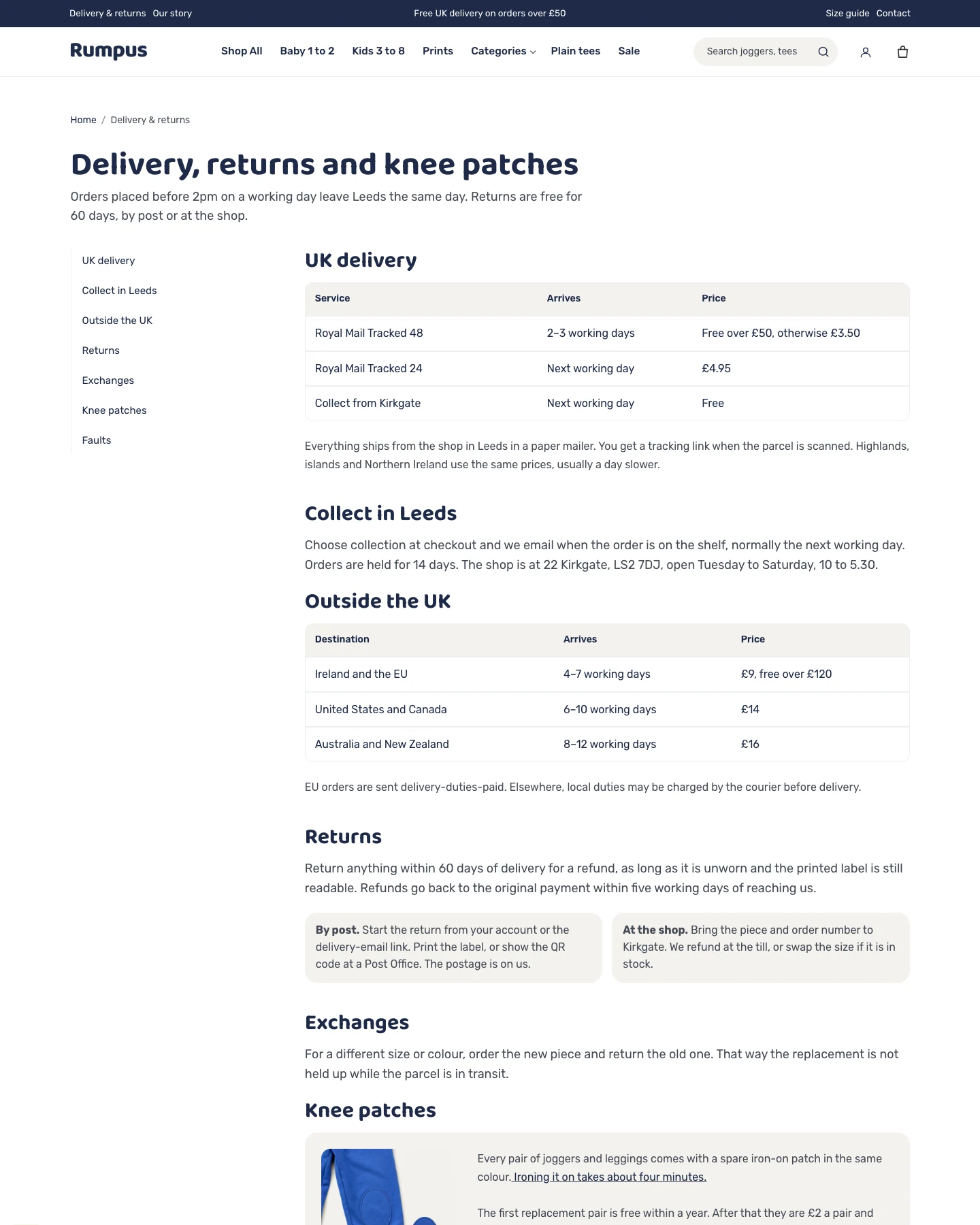 Delivery & Returns page preview for Rumpus